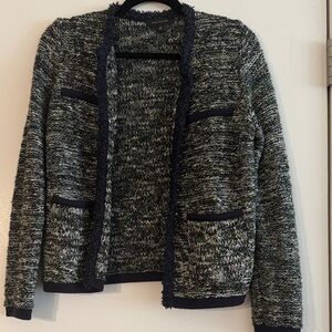 Ann Taylor Marled Bouclé Open-Front Jacket in Navy and Gray
